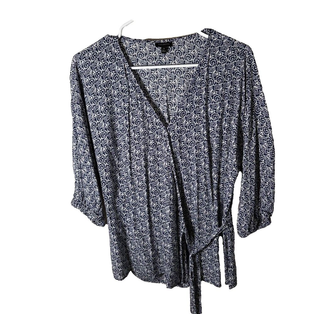 Talbots Blouse Women's Medium V-Neck Wrap 3/4 Sleeve Blue Floral Artsy Casual